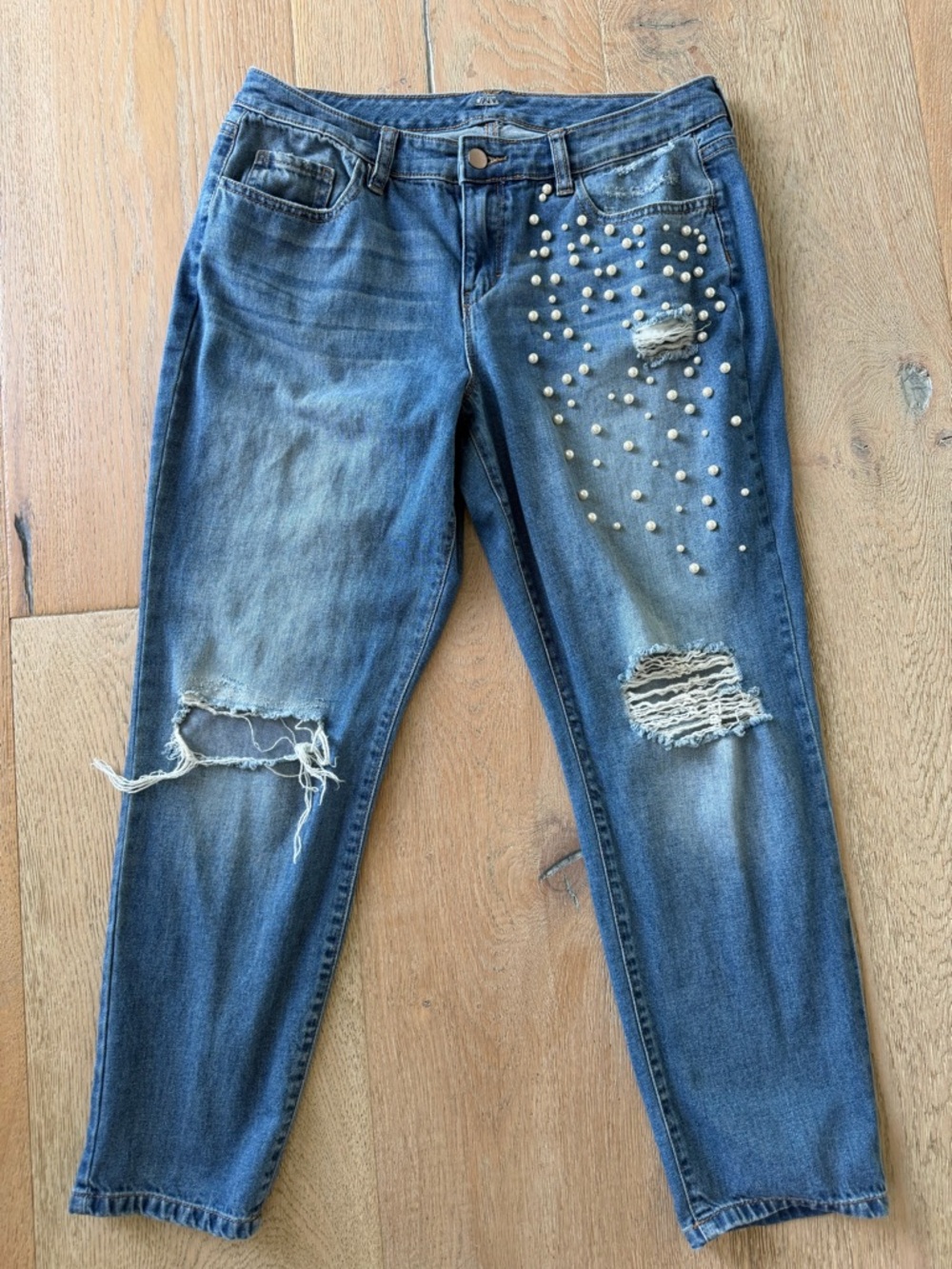 a.n.a Blue Distressed Boyfriend Jeans with Pearl Accents